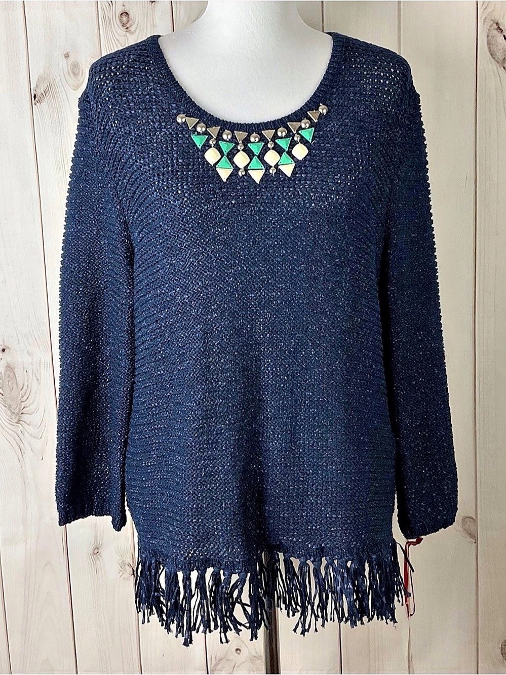 Ruby Rd Sweater Women’s Size XL Navy Blue Embellished Long Sleeve Fringe Hem NWT